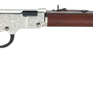 Lever-action rifle with a silver engraved receiver, dark wooden stock, and barrel, against a white background.