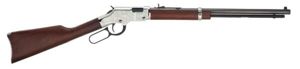 Lever-action rifle with a silver engraved receiver, dark wooden stock, and barrel, against a white background.