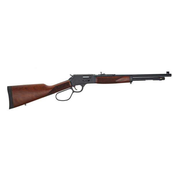 Lever-action rifle with a dark wooden stock and a black metal barrel.