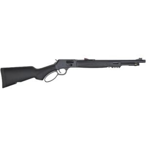 Black lever-action rifle with matte finish and synthetic stock, featuring a short barrel and tactical rail.