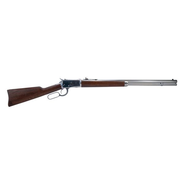 Lever-action rifle with a polished silver metal barrel and a dark wood stock.