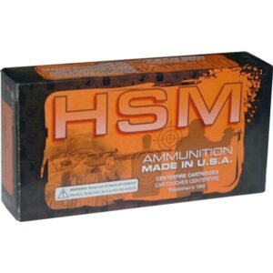 Box of hsm ammunition with orange and black design, featuring a silhouette of a person aiming a firearm, labeled "made in u. S. A. "