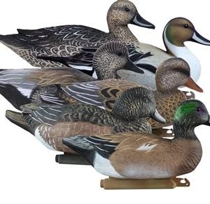 A group of detailed, realistic duck decoys with varying colors and patterns, featuring earthy tones and vibrant green and brown accents.