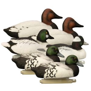 A set of realistic duck decoys featuring brown and green heads with black and white bodies.