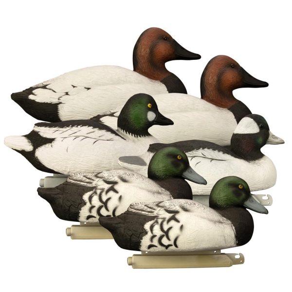 A set of realistic duck decoys featuring brown and green heads with black and white bodies.