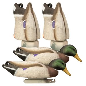 Four duck decoys featuring detailed green heads and brown bodies with gray accents and bright yellow bills.