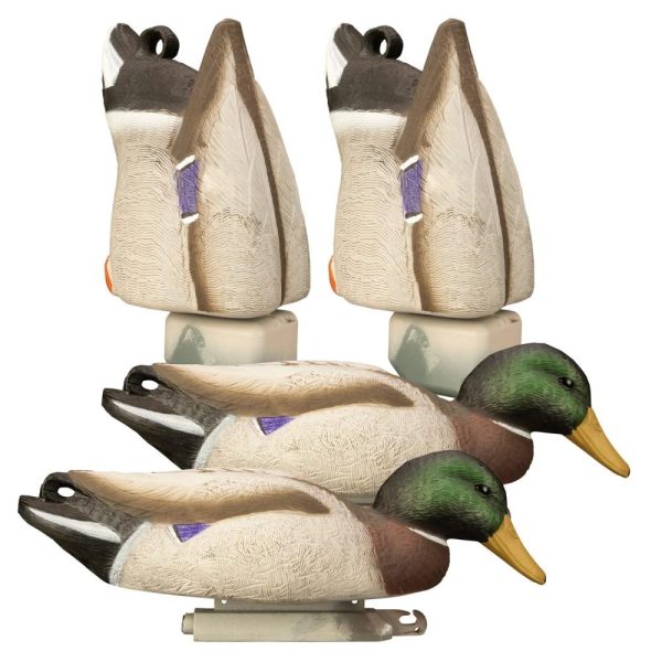 Four duck decoys featuring detailed green heads and brown bodies with gray accents and bright yellow bills.