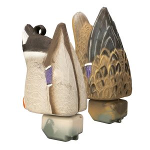 Duck decoys with detailed brown, black, and cream feather patterns on square bases.