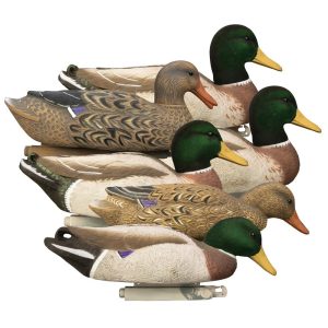 Plastic duck decoys with detailed feathers and green, brown, black, and cream coloring stacked together.