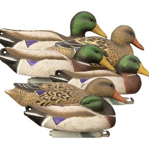 Alt text: Set of detailed duck decoys featuring realistic coloration with green heads, brown and tan bodies, and orange beaks.
