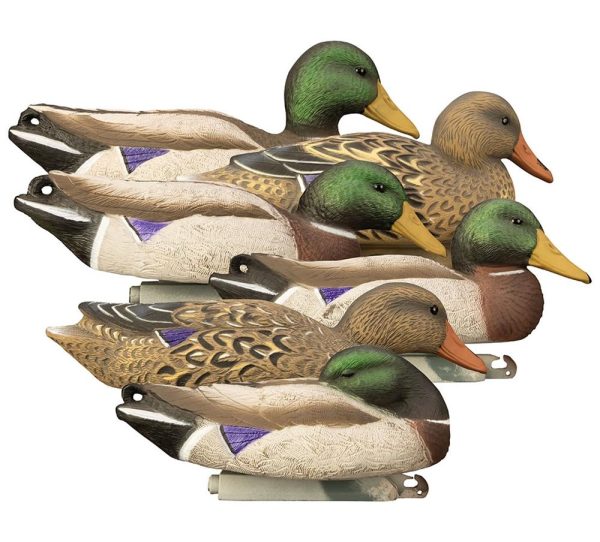 Alt text: set of detailed duck decoys featuring realistic coloration with green heads, brown and tan bodies, and orange beaks.
