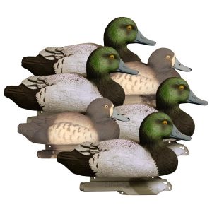 A set of seven painted duck decoys with green and brown heads, gray bodies, and black and white feather detailing.
