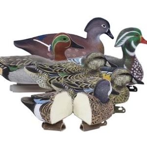 Duck decoys in various colors and patterns arranged together.