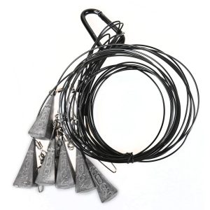 Black coiled wire with triangular gray lead weights attached, suitable for securement purposes.
