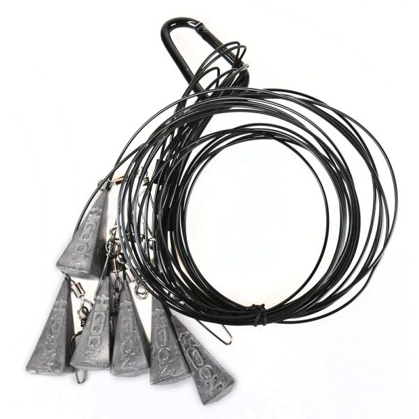 Black coiled wire with triangular gray lead weights attached, suitable for securement purposes.