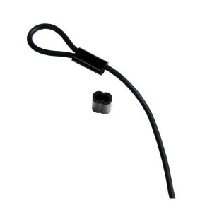 Black cable loop with a small black connector piece on a white background.