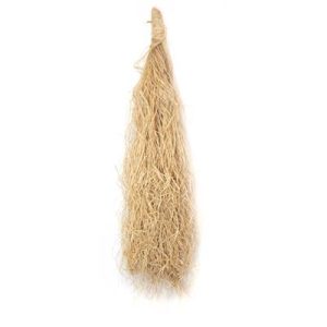 A bundle of natural, dried straw or raffia, light beige in color, hanging against a white background.