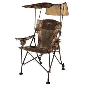 Camo-patterned folding chair with canopy, featuring brown and green tones, and a logo on the backrest.