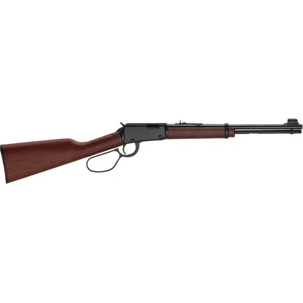 Brown wooden stock and black steel lever-action rifle, angled to the right.