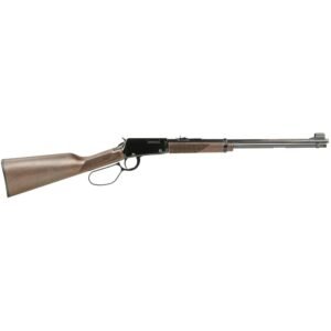 Lever-action rifle with a polished wooden stock and foregrip, black metal receiver, and silver barrel.