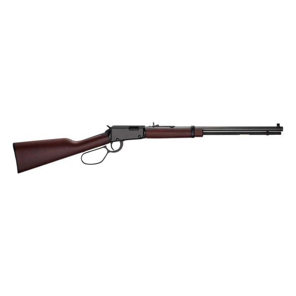 A lever-action rifle with a dark brown wooden stock and foregrip, and a black metallic barrel and receiver, isolated on a white background.