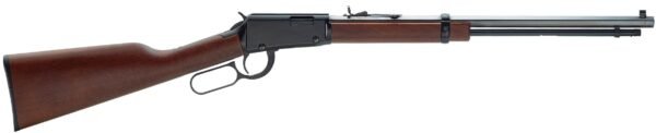 A lever-action rifle with a polished dark brown wooden stock and forearm, and a sleek black metal barrel and receiver.