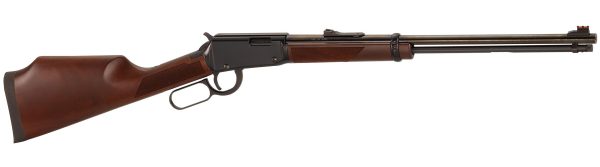 Lever-action rifle with a polished brown wooden stock and forearm, black metal receiver, and barrel featuring red fiber optic sight, suitable for search terms: firearms, guns, ammo, bag, casey iowa.