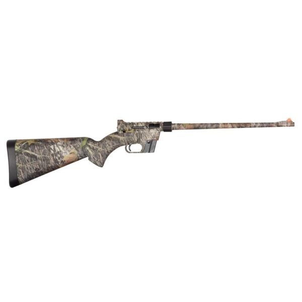 Camouflage-patterned rifle with a long barrel and a black end cap, shown against a white background.