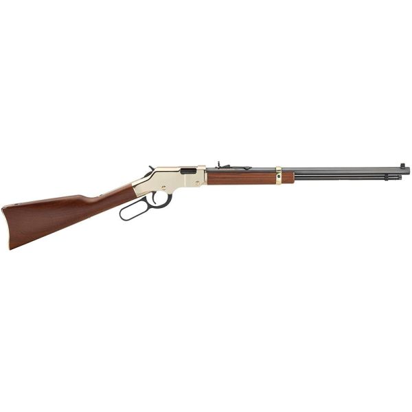 Lever-action rifle with a gold-finished receiver, dark wooden stock, and blued steel barrel.