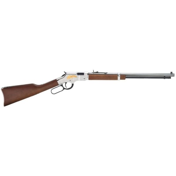 Lever-action rifle with a polished silver receiver and a brown wooden stock and forearm.