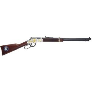 Lever-action rifle with brass and silver-tone engraved receiver, dark wood stock featuring an emblem, and a long black barrel.