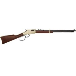 Lever-action rifle with a brass receiver, dark wood stock and forearm, and a black barrel.