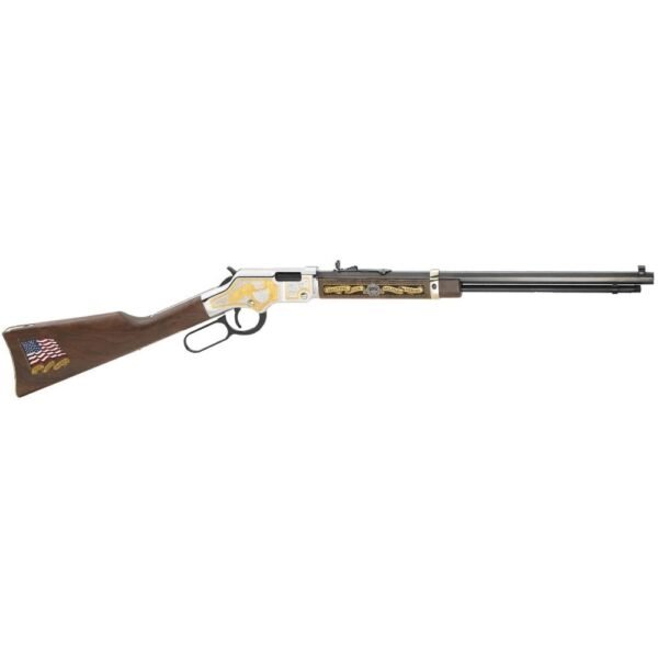 Lever-action rifle with a polished silver and gold-plated receiver, featuring intricate engravings, a dark wooden stock showcasing an american flag, and a black barrel.