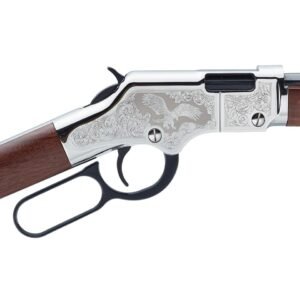 Lever action rifle with engraved silver finish and wooden stock, featuring an eagle motif. Keywords: firearms, guns, ammo, iowa, casey iowa.