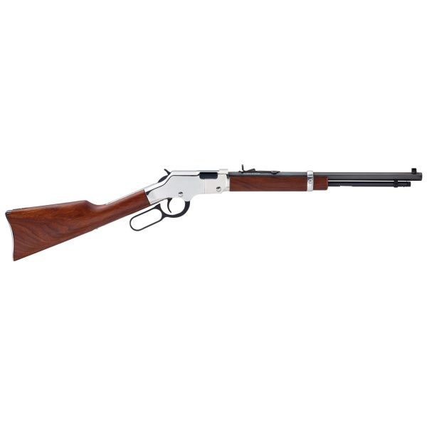 Lever-action rifle with a silver-colored receiver, black barrel, and polished wooden stock and forearm.