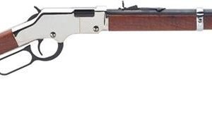 Lever action rifle with brown wooden stock and forearm, silver receiver, and black barrel.