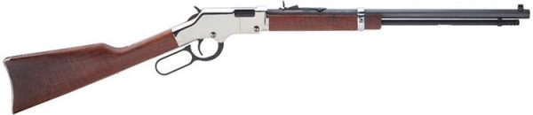 Lever action rifle with brown wooden stock and forearm, silver receiver, and black barrel.