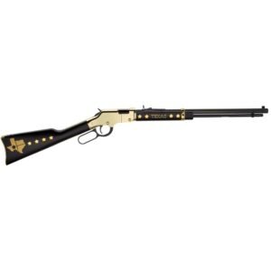 Black and gold lever-action rifle featuring star embellishments and "texas" inscription on the barrel.