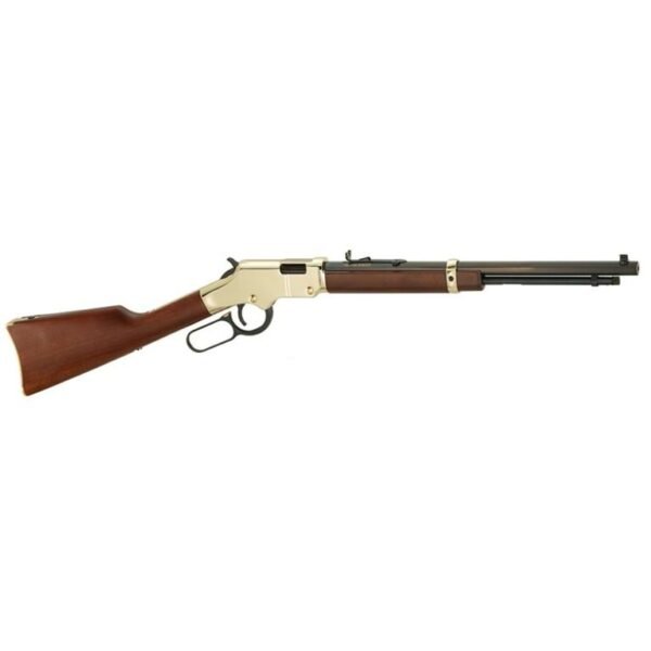 Lever-action rifle with a polished brass receiver, walnut stock, and blued barrel.