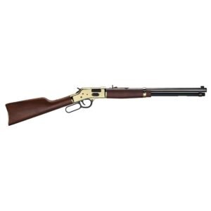 A lever-action rifle with a brass receiver and a dark brown wooden stock, featuring a black barrel and forearm.