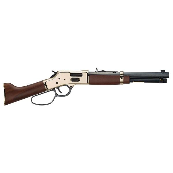 Lever-action rifle with a polished brass finish and dark walnut stock and forearm, featuring a short barrel and large loop lever.