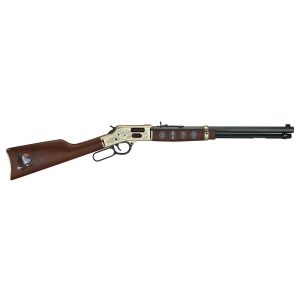A detailed image of a lever-action rifle with a brass-plated receiver, dark wood stock, and engravings of military medals and a bald eagle.