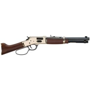 Lever-action rifle with a brass finish and dark brown wood stock and forend.