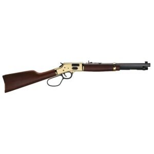 Rifle with a gold-colored receiver, dark wood stock, and black barrel against a white background.