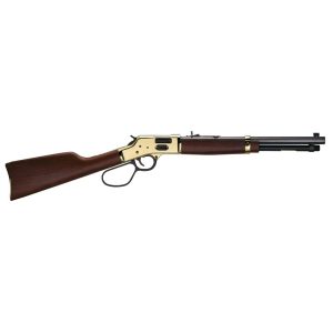 Lever-action rifle with a polished brass receiver, dark brown wooden stock and forearm, and a black barrel, against a white background.