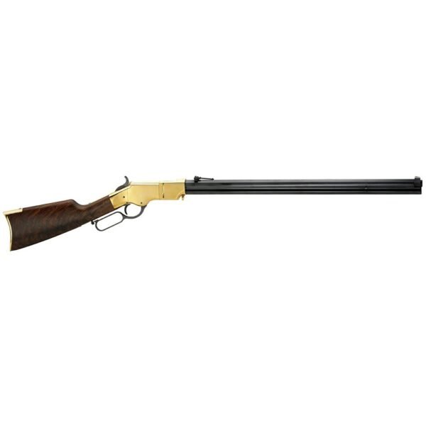 Lever-action rifle with a brass receiver, dark wooden stock, and long black barrel.