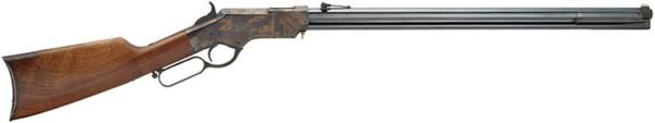 Lever-action rifle with a polished brown wooden stock and a long blued steel barrel.