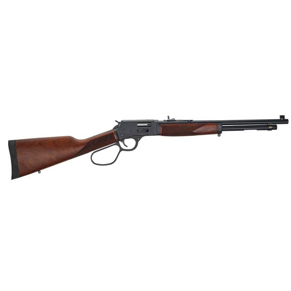 Brown wooden stock lever-action rifle with a black metal barrel, isolated on a white background.