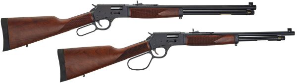 Two lever-action rifles with black barrels and rich brown wooden stocks, featuring checkered grips and buttplates.