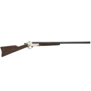 A single-barrel shotgun with a polished wood stock and a silver receiver, featuring a long black barrel.